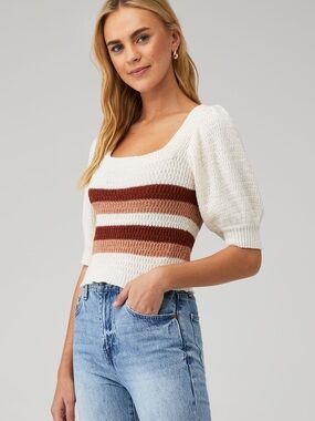 MINKPINK Cream Scoop-Neck Sweater with Brown & Tan Stripes